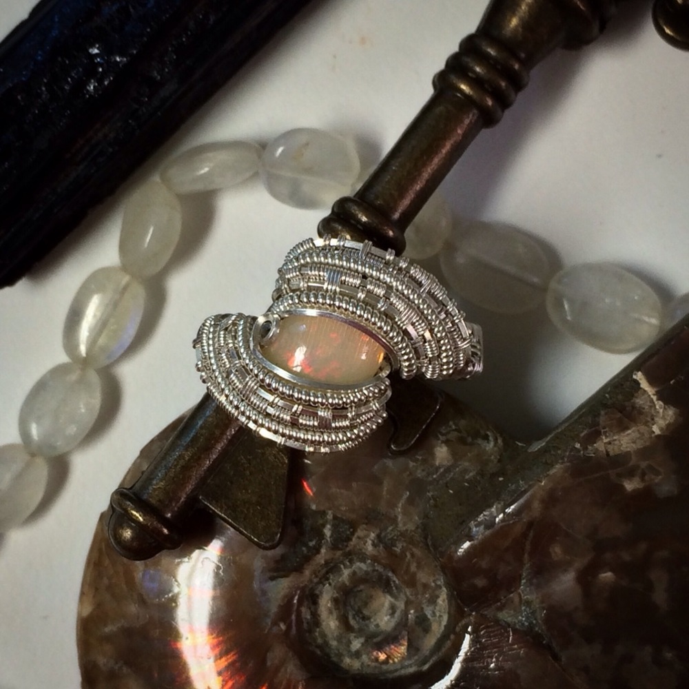 Opal wire wrap ring ~ Size 8